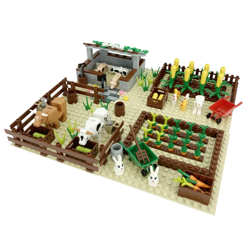 MOC Farm Animal Vegetable Assembly Compatible Building Block DIY Toy Piglet Doghouse Cowshed Scene Corn Carrot Bricks Kids Gift