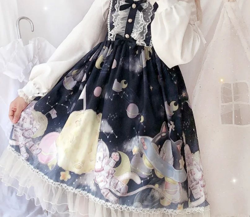 Lolita kleid vintage falbala bowknot nette druck hohe taille prinzessin viktorianischen strap kleid kawaii mädchen gothic lolita cos loli