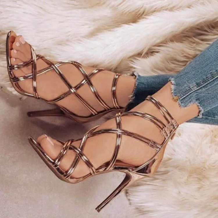 Ladies High Heels Sexy Sandals Fashion New Women\'s Shoes Black Zipper High Heel Sandals Hollow Cross Strap High Heel Sandals  42