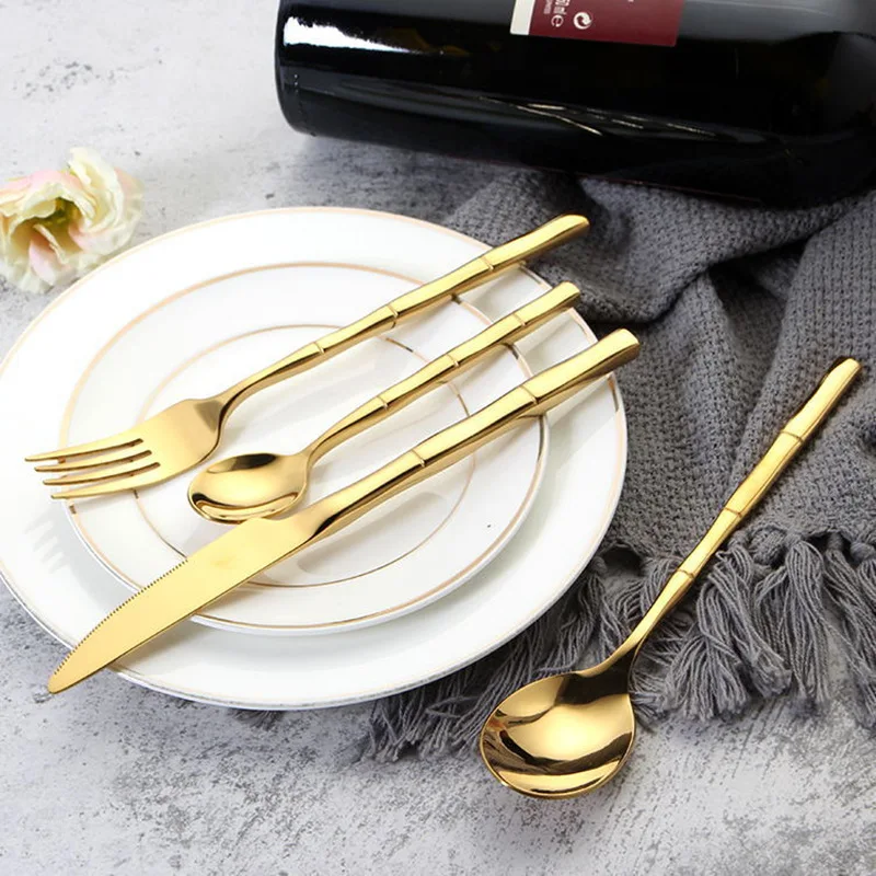 Gold Cutlery Set Stainless Steel Steak Knife Fork Spoon Tableware Bamboo Design Luxury Cutlery Dinner Sets 24pcs