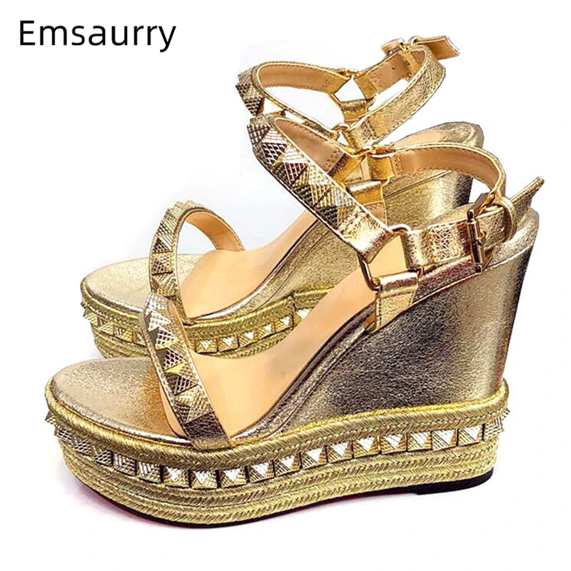 High Platform Wedges Party Sandals Women Rivet Decor Ankle Strap One-strap Genuine Leather Summer Shoes Zapatos Mujer