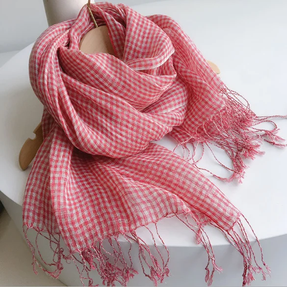 100% linen small plaid scaves summer spring japanese style crepe air conditional shawls black white check weaved pashmina wraps