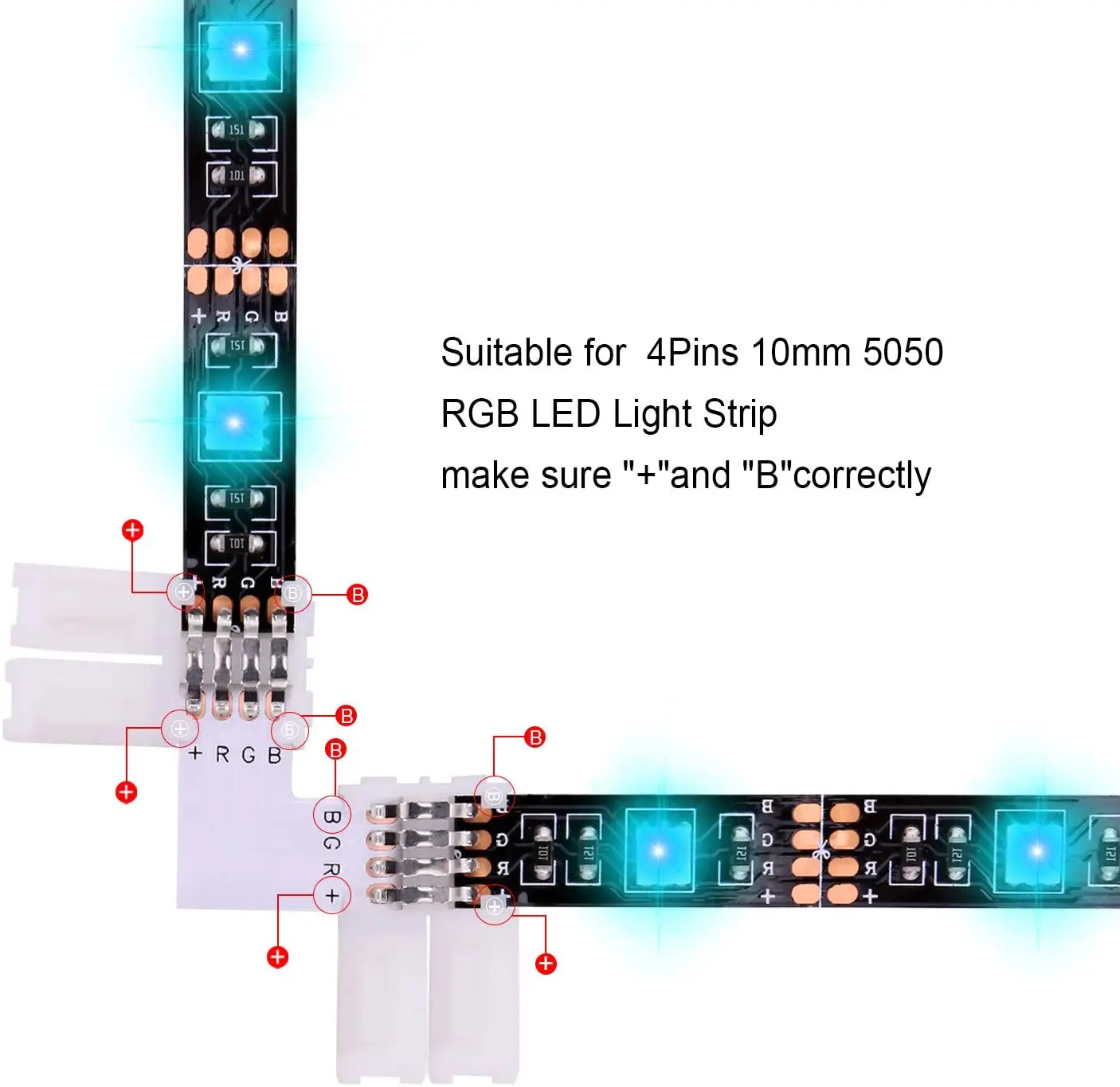 5050 4Pin LED Strip Connector Kit - 10mm RGB LED Connector Kit Includes RGB Extension Cable