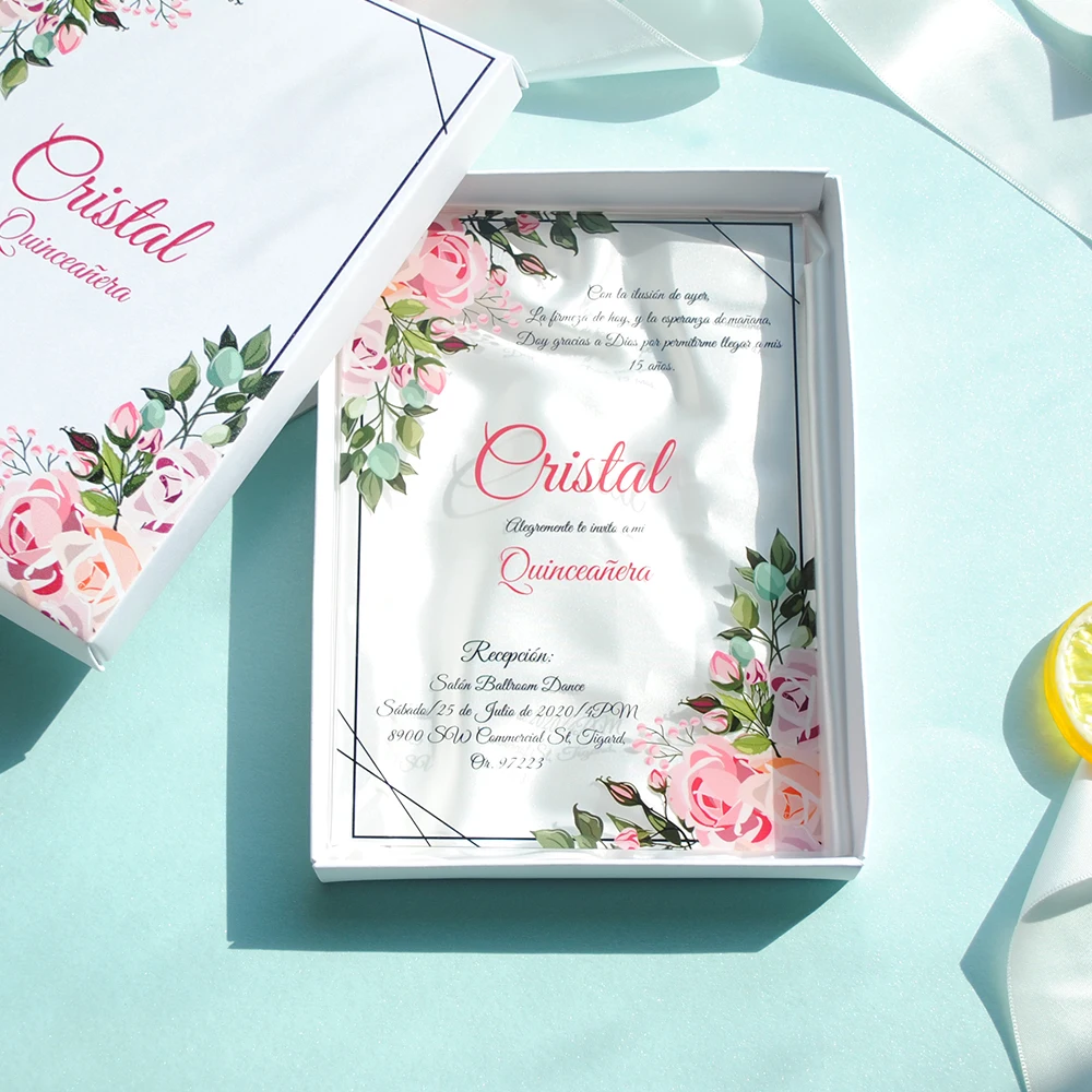 10pcs Luxury High Class Romantic Acrylic Wedding Invitation Card Hot Sell,flower Wedding Cards With Box