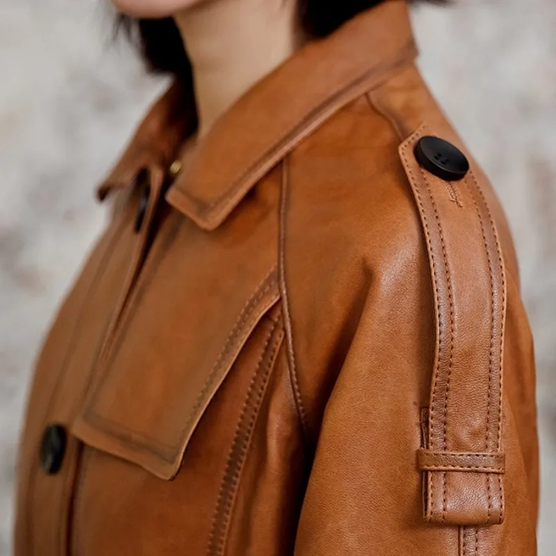 Manteau de motard en cuir véritable pour femme, veste courte en peau de mouton, Slim, Vintage, simple boutonnage, décontracté, OL, automne 100%