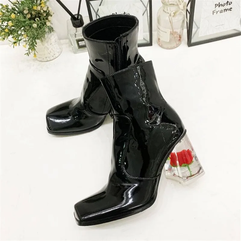 2024 Designer Rose Transparent Heel Women Ankle Boots Square Toe 8CM High Heel Booties Patent Leather Botas Mujer Ladies Shoes