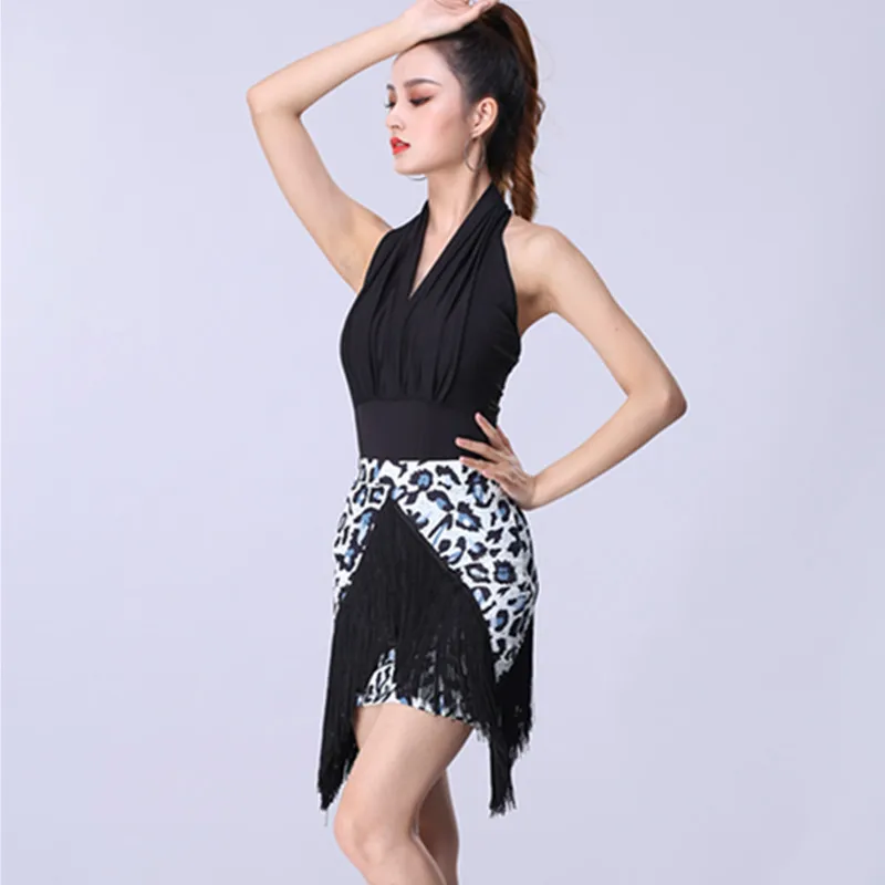 New women versatile leopard print Latin dance bag hip fringed skirt stitching irregular skirt zebra dance dress ladys Latin top