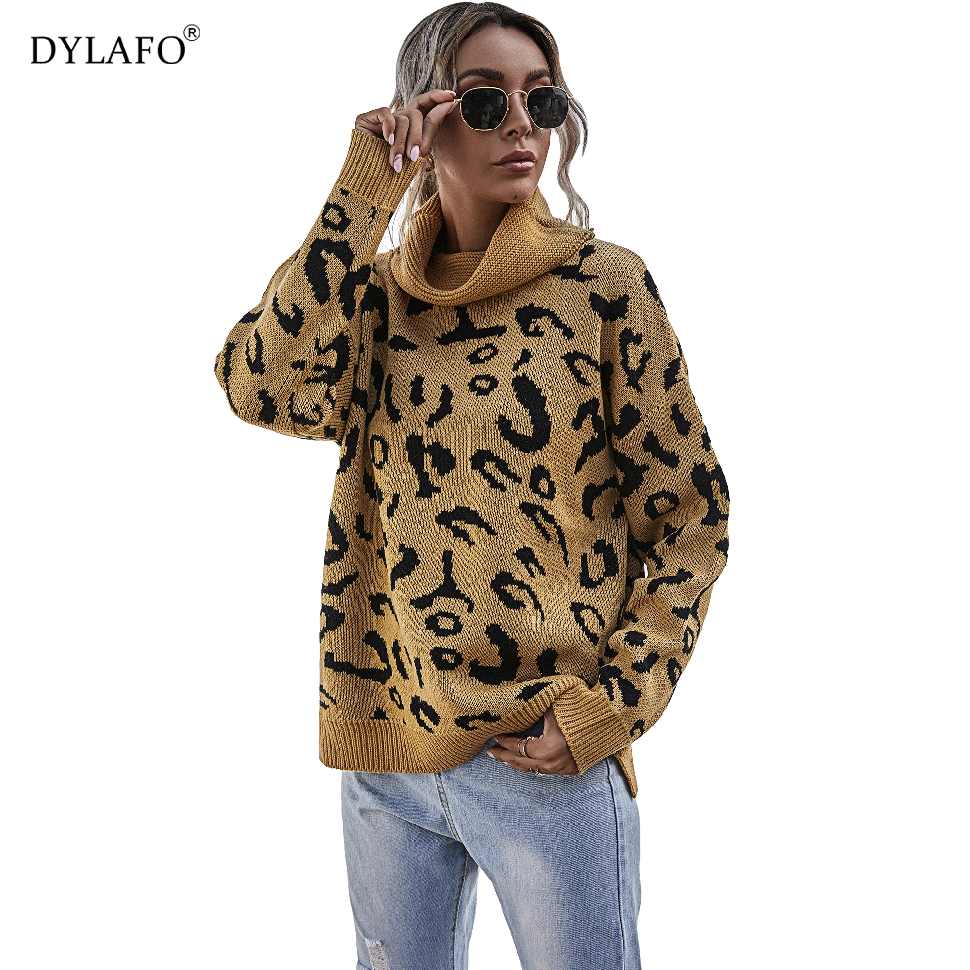 2020 Women Turn-Down Collar Knitted Sweater Pullover Fashion Leopard Long Sleeve Street Casual Loose Split Women Sweater