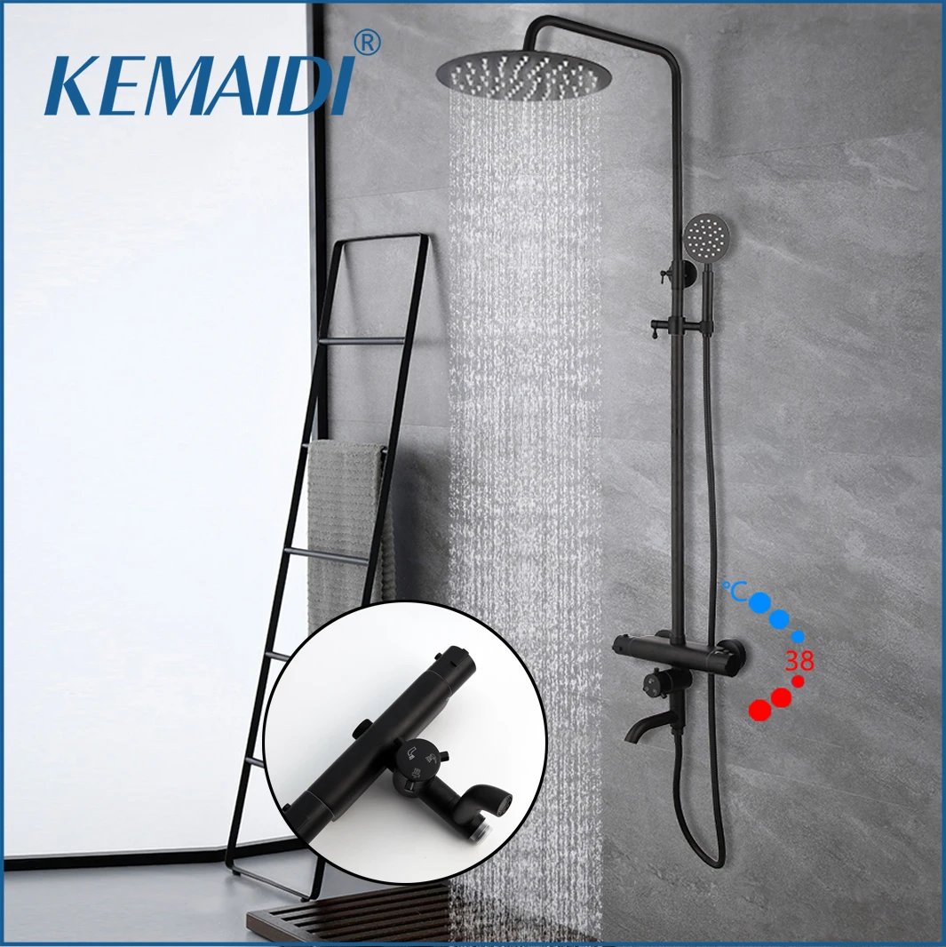 

KEMAIDI Matte Black Shower Faucet Bathroom Thermostatic Shower System Hot Cold Mixer Bath Waterfall Shower Round Spray Mixer