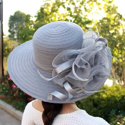 Red Women Charming Hat Wedding Kentucky Derby Hat Ladies Flower Hat Wide Brim Tweed Organza Visor Cap