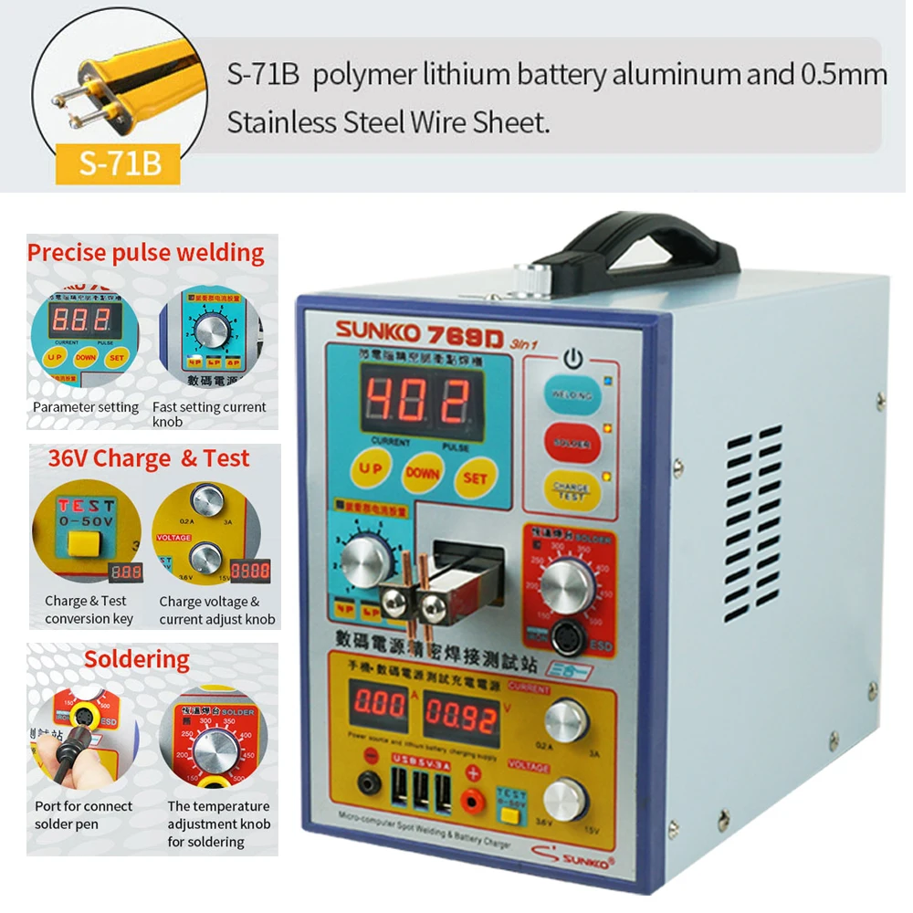 

SUNKKO 769D Multifunction Spot Welding Machine, soldering, charging For 18650 Nickel Strip Connection Battery Pack with 71Bpen