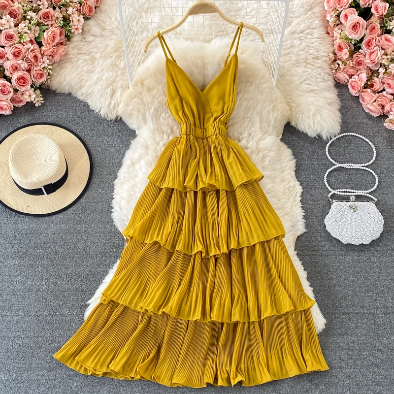 Summer Green/Pink/Red Pleated Spaghetti Strap Dress Women Sexy V-Neck High Waist Sleeveless Cascading Ruffle A-Line Draped Robe