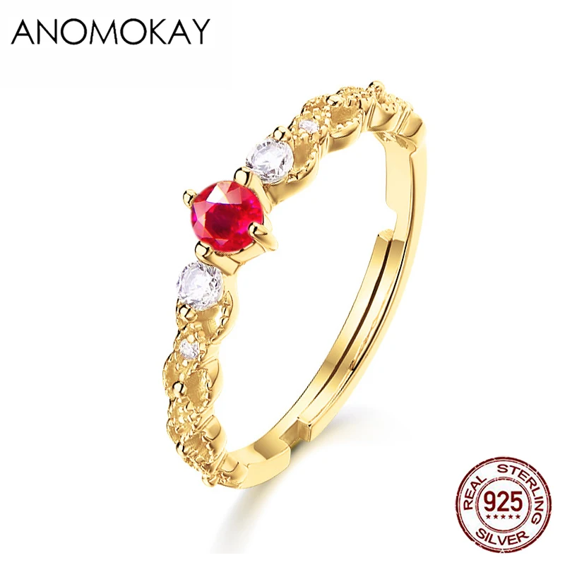 Anomokay Shinny Red & White CZ Gold Color Rings for Women Wedding Party Gift 925 Sterling Silver Free Size Ring Luxury Jewelry