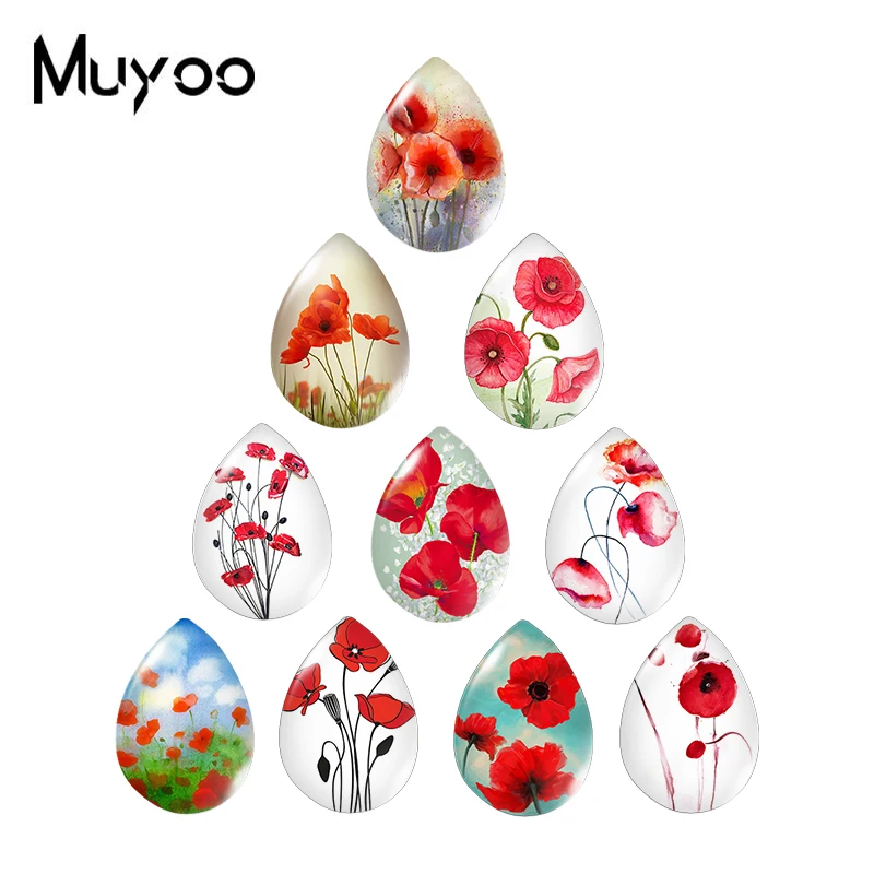 2021 New Colorful Poppies Flowers Tear Drop Glass Dome Photo Jewelry Handmade DIY Accessories