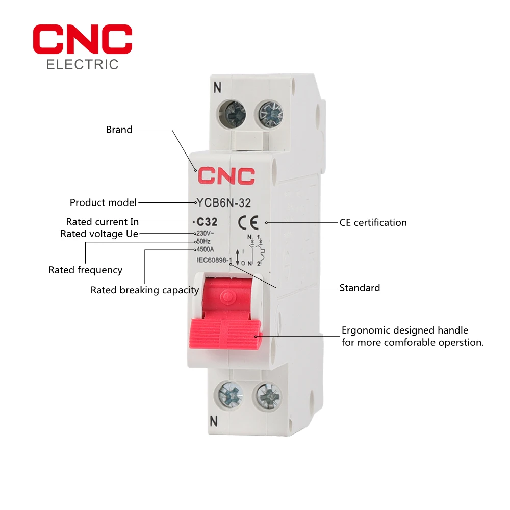 CNC MCB YCB6N-32 1P+N Miniature Circuit Breaker Home Circuit Air Switch Short Circuit Overload Protection 6A 10A 16A 20A 25A 32A