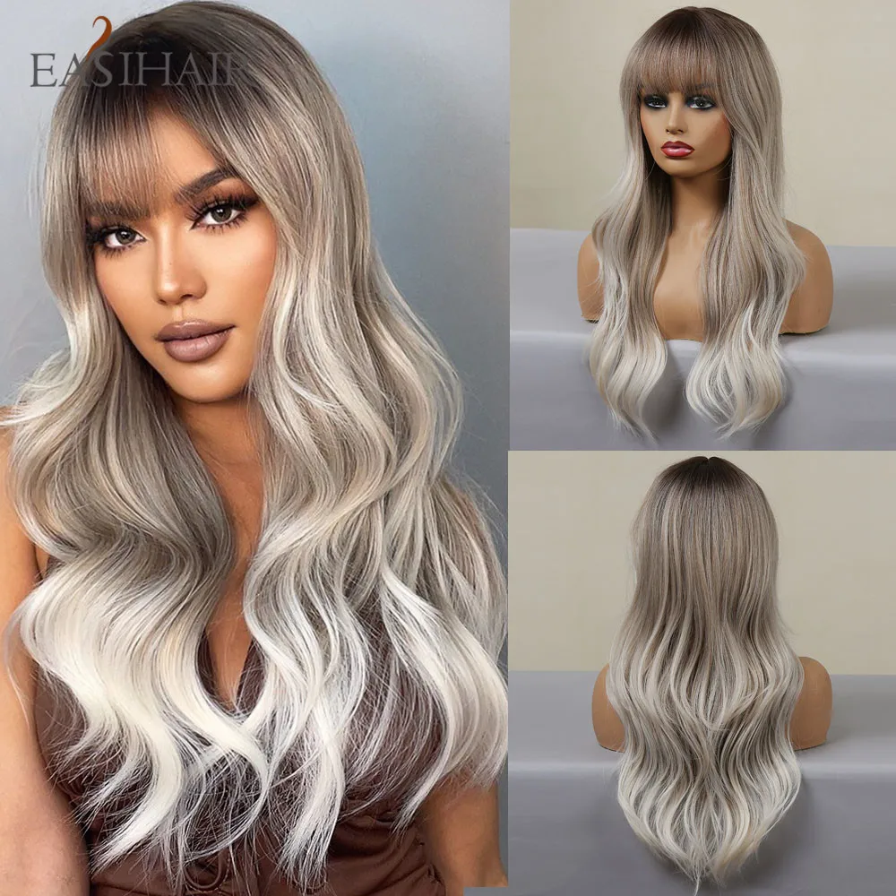 EASIHAIR-pelucas onduladas de color gris ceniza para mujer, pelo largo sintético Platino, rubio claro, flequillo, fiesta diaria, fibra resistente al