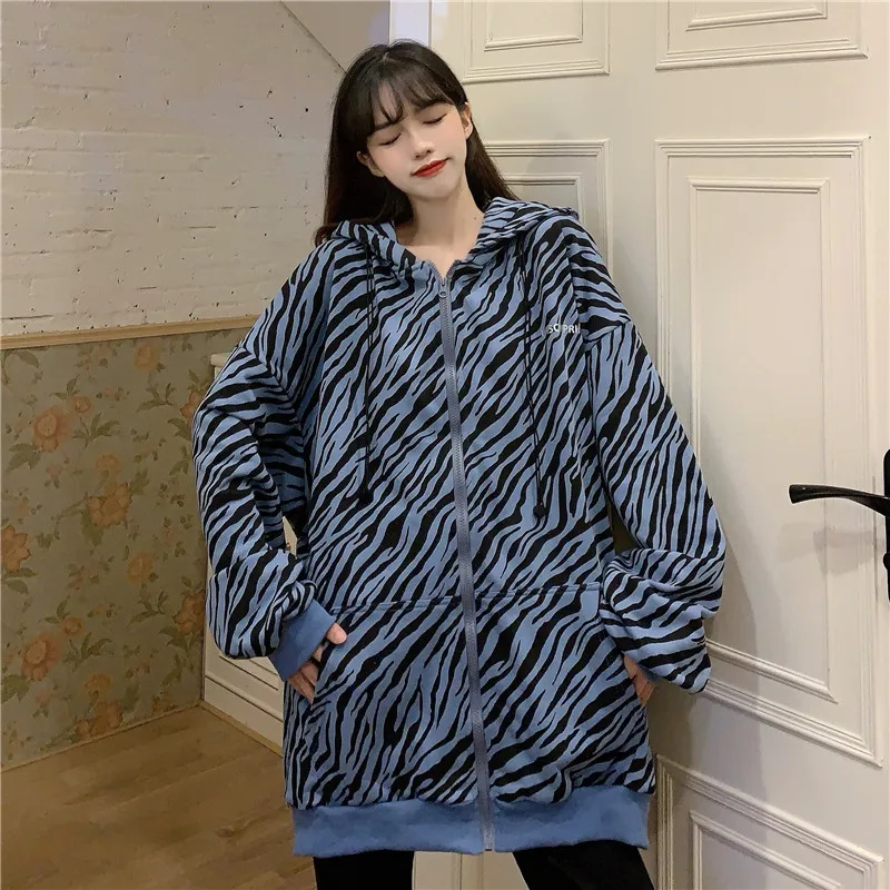 Bluzy damskie Zebra-print Baggy jesień Design Streetwear nastolatki w stylu BF Ins podstawowe neutralne panele Vintage powszechne Femme