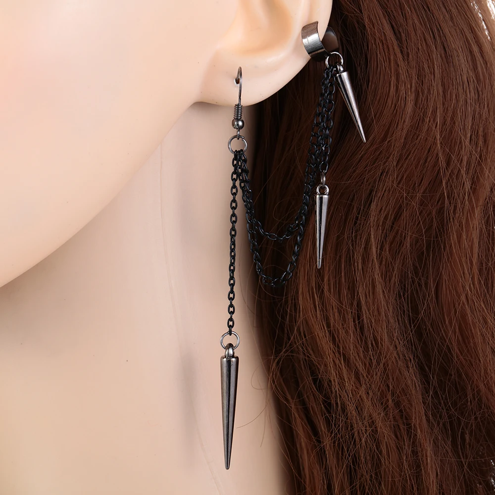 1Pair Men Retro  Black Tassel Chain Long Earrings Punk Earrings Hiphop Rivet Earrings For Women Gothic Party Jewelry Pendientes