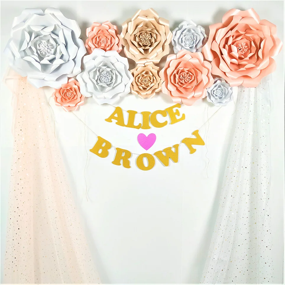 DIY Paper Flowers Set Custom Name Sign Wedding Garland Banner Backdrop Marriage Flowers Glittered Name Sign Bridal Shower Decor