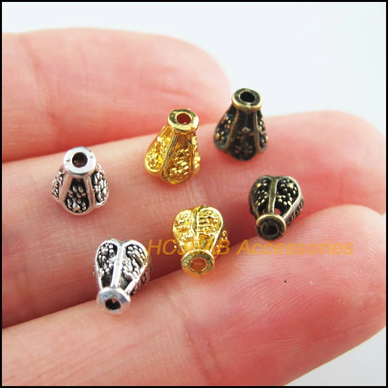 100Pcs Retro Tibetan Silver Antiqued Bronze Gold Color Horn Flower Spacer End Beads Charms 5.5x6.5mm