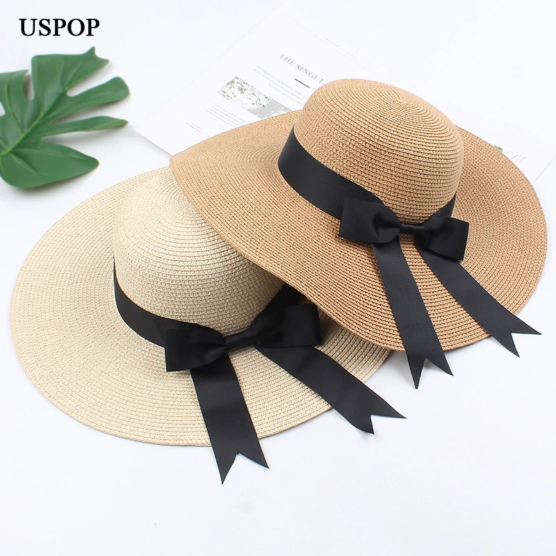 USPOP Women straw hats sun hats  female wide brim beach hat bow summer hat anti uv straw sun hats