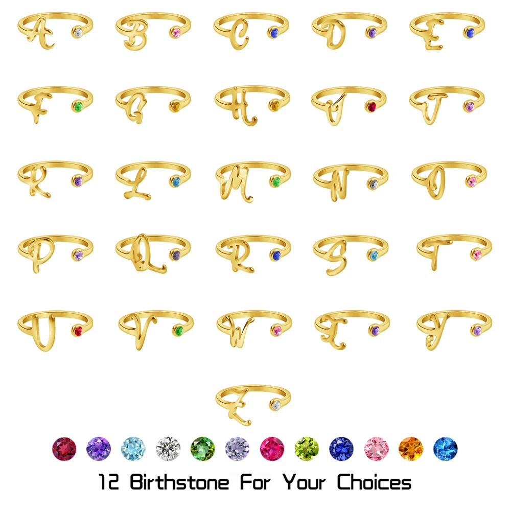 

PolishedPlus Trendy Initials Ring With Birthstone A-Z 26 Initial Letter Adjustable Opening Ring For Women Simple Elegant Jewelry
