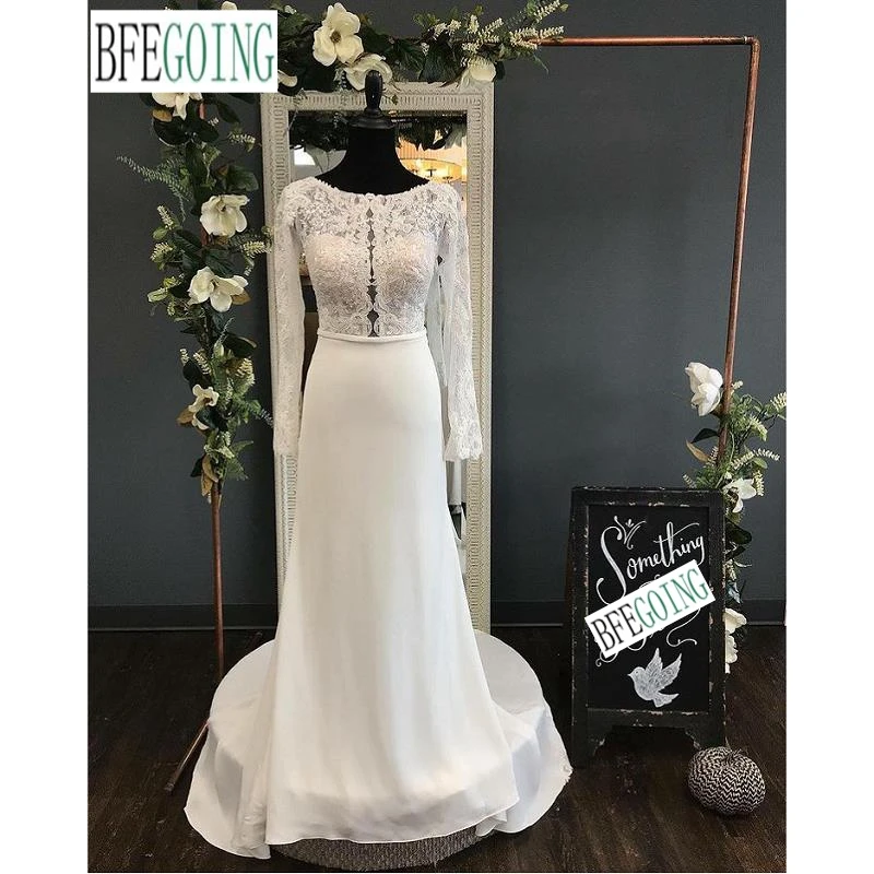 Ivoor Kant Satijn Chiffon Lange Mouwen Mermaid/Trompet Bruidsjurken Kapel Trein Custom Made Bridal Jurken