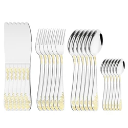 6/24Piece Gold Flower 304 Stainless Steel Luxury Cutlery Set Silverware Set Dinnerware Set Knife Spoons Fork Wedding Tableware