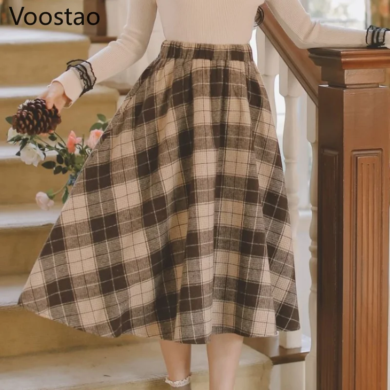 Autumn Winter Woolen Plaid Vintage Skirt Women Japanese Style Chic Patchwork Elegant Midi Skirt Female Y2k Korean Fashion Skirts