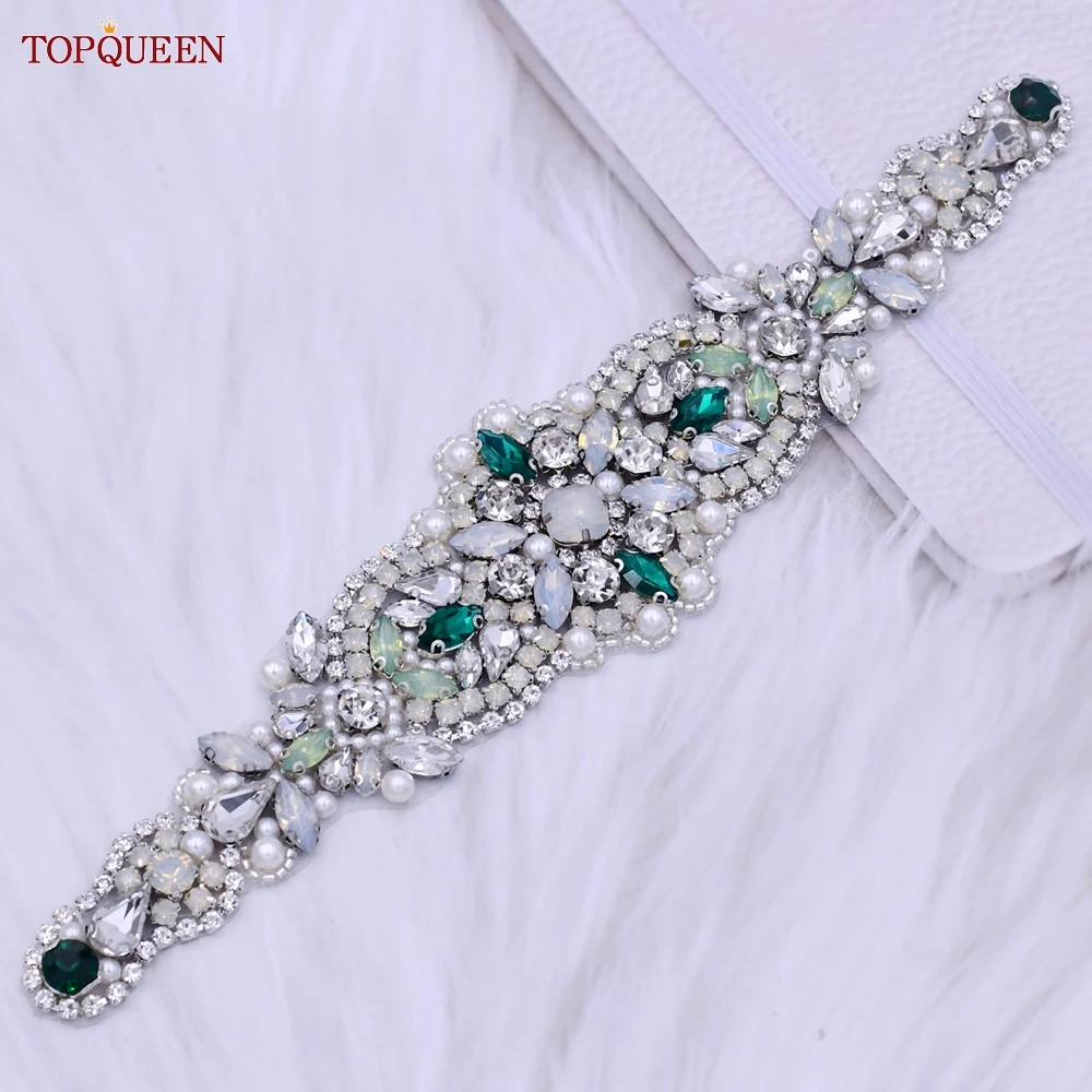 TOPQUEEN-Esmeralda Cinto De Diamante, Cinto De Strass Verde, Fita De Casamento, Acessórios De Vestido De Festa, Cintas, S452