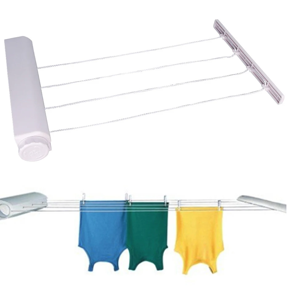 Nylon Wall Mounted Indoor Clothesline Retractable Laundry Hanger Drying Towel Rack Flexible Rope