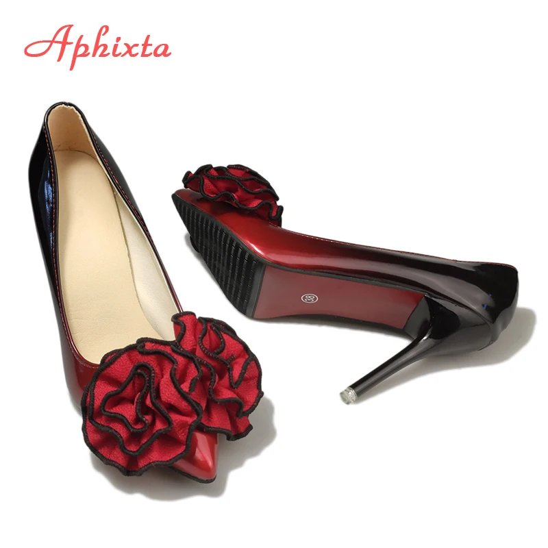 Aphixta 3.93inch Heels Pointed Toe Pumps Women Flower Thin High Heel Shoes Gradient Discolor Patent Leather Wedding Shoes Woman