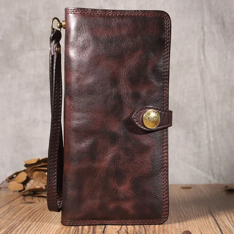 

Retro multifunctional first layer cowhide long wallet, pleated multi-card buckle wallet, leather wallet