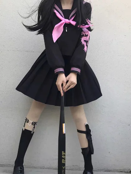 Neue 2020 Weiß und Schwarz Rosa Drachen JK Einheitliche Student Drache Lang Hülse Einzigen Top Sailor Cosplay Kostüm