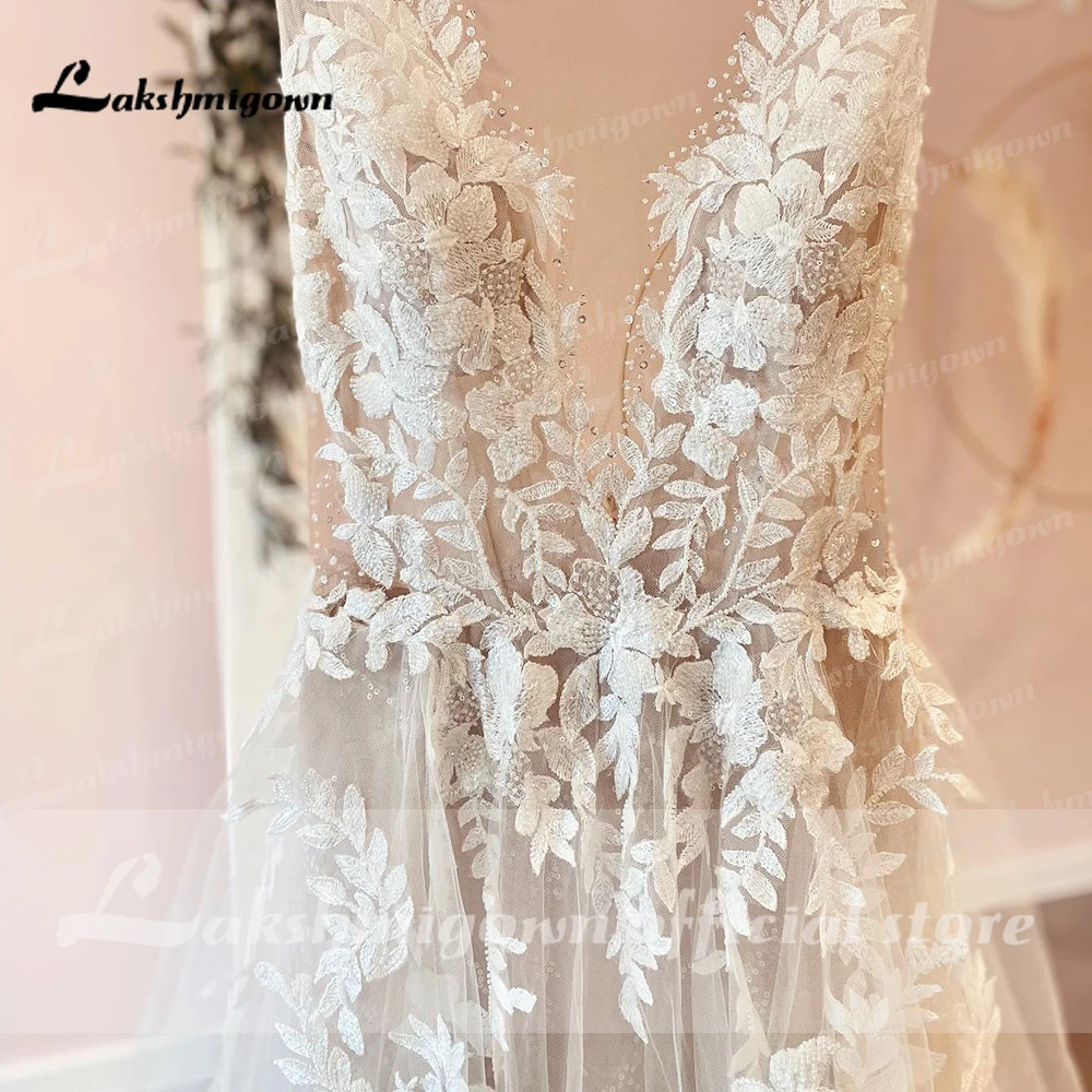 Sexy A-Linien Rückenfreies Hochzeitskleid Maßgefertigte Spitzenapplikationen Perlenbesetztes Off-White Tüll Brautkleid Trouwjurk Langes Brautkleid – Detail 6