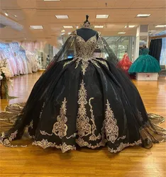 Black Gold Puffy Princess Quinceanera Dresses with Cape Luxury Sparkly Applique Lace-up Corset Vestidos de 15 aƱos customsized