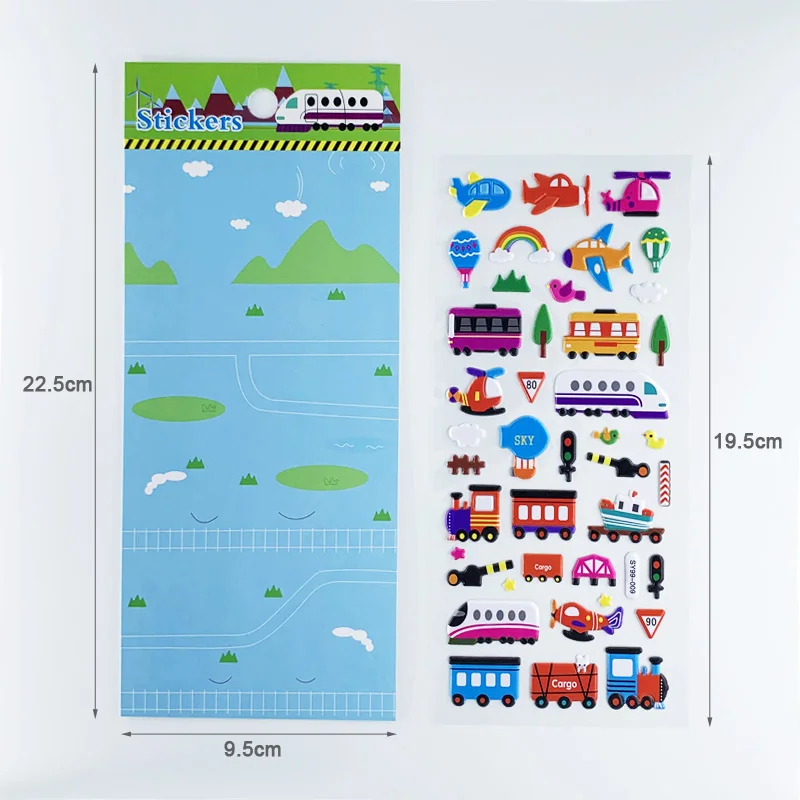 Random 3 Sheets Kids 3D Cartoon Transportation Cars Train Plane Stickers for Boys DIY Bubble PVC Scrapbook Sticker Learning Toys