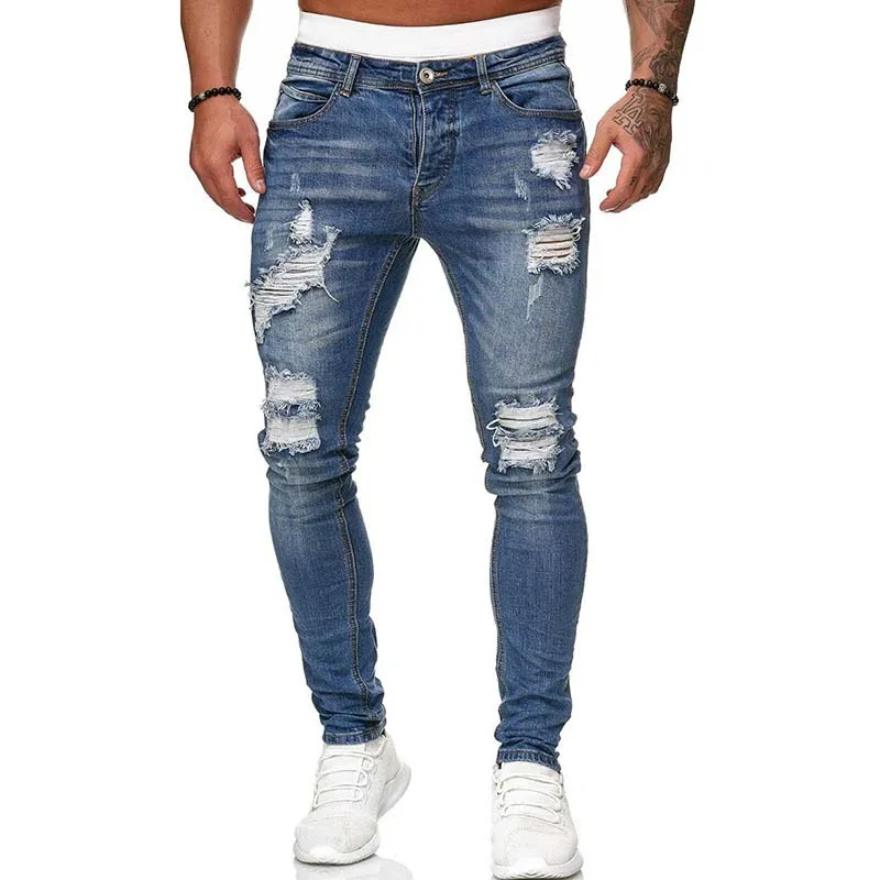 Mens Ripped Skinny Jeans Blue Slim Fit Hole Pencil Pants Casual Biker Trousers Streetwear 2022 High Quality Denim Man Clothing