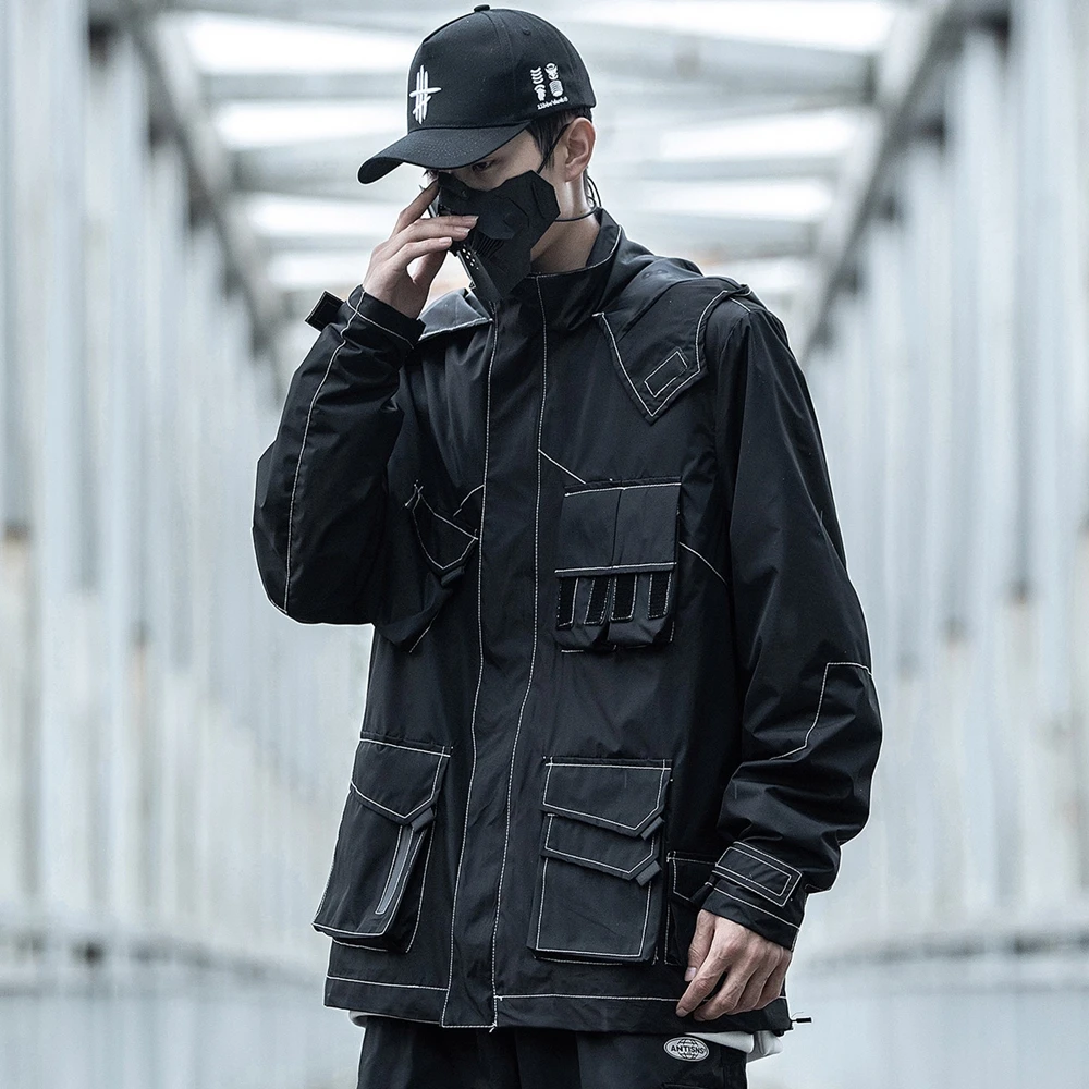 

Zipper Cargo Jackets Men Streetwear Tactical Function Pullover Multi-pocket Hoodies Windbreaker Coat Bomber Jacket Men Techwear