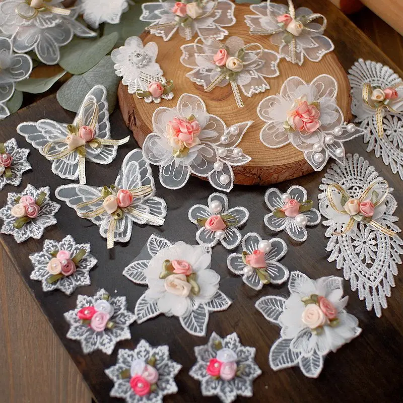 10piece Color embroidery flower stickers handmade lace pearl mesh applique wedding dress children's clothing accessories