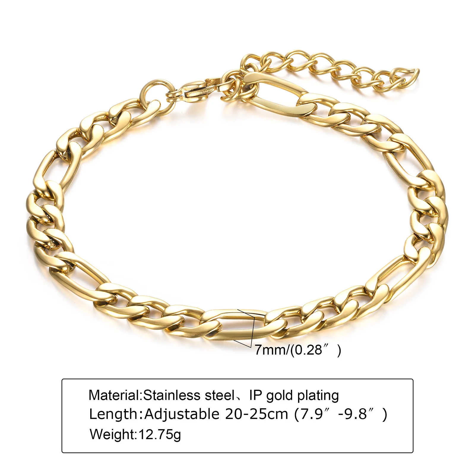 Vnox 7MM Figaro Chain Bracelets for Men Women,Simple Punk Stainless Steel Link Wristband Jewelry Gift,Length Adjustable