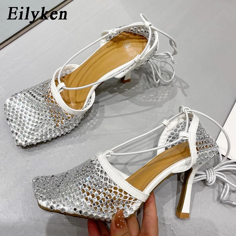 Eilyken Green Yellow Crystal Women Pumps punta quadrata Fishnet Hollow caviglia Cross-Tied tacco alto sandali con strass Lady Dress Shoe