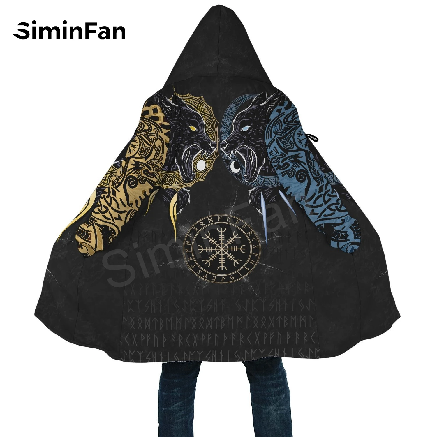 Viking Fenrir Wolf 3D Printed Mens Hooded Cloak Windbreaker Winter Thick Flannel Coat Unisex Casual Cashmere Warm Cape Jacket 01