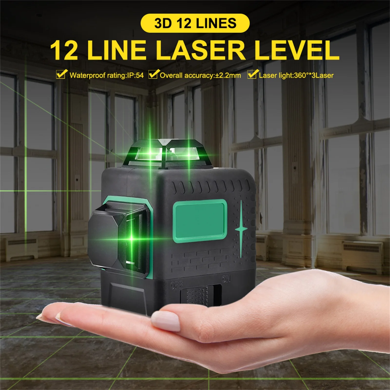 12 Lines 3D Green Laser Level Self-Leveling 360 Degrees Horizontal And Vertical Cross Lines Green Laser Line W/ Bracket Battery