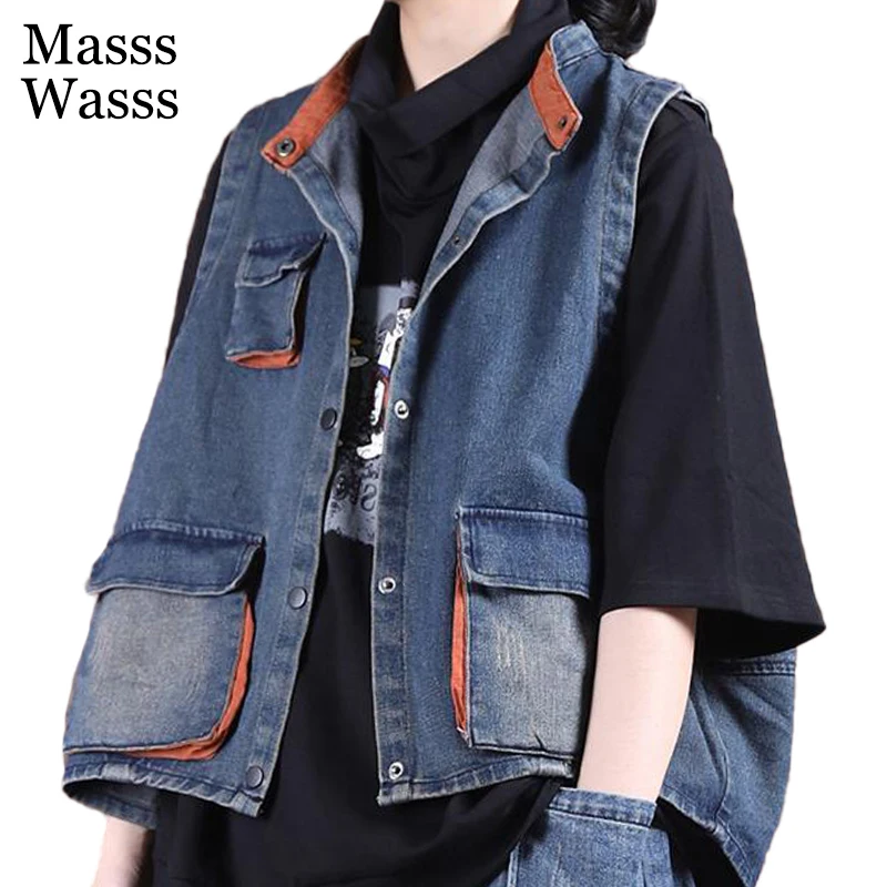 Masss Wasss British Luxury Style Clothes Spring Ladies Denim Sleeveless Jacket Womens Loose Vest Coat Female Bleached Waistcoats