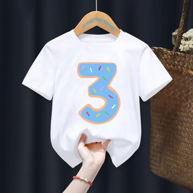 Children Blue Donut My 0-9th Birthday Number Fixed printing T-shirt Birthday Gift Present Clothes Baby Letter Tops Tee,Drop Ship