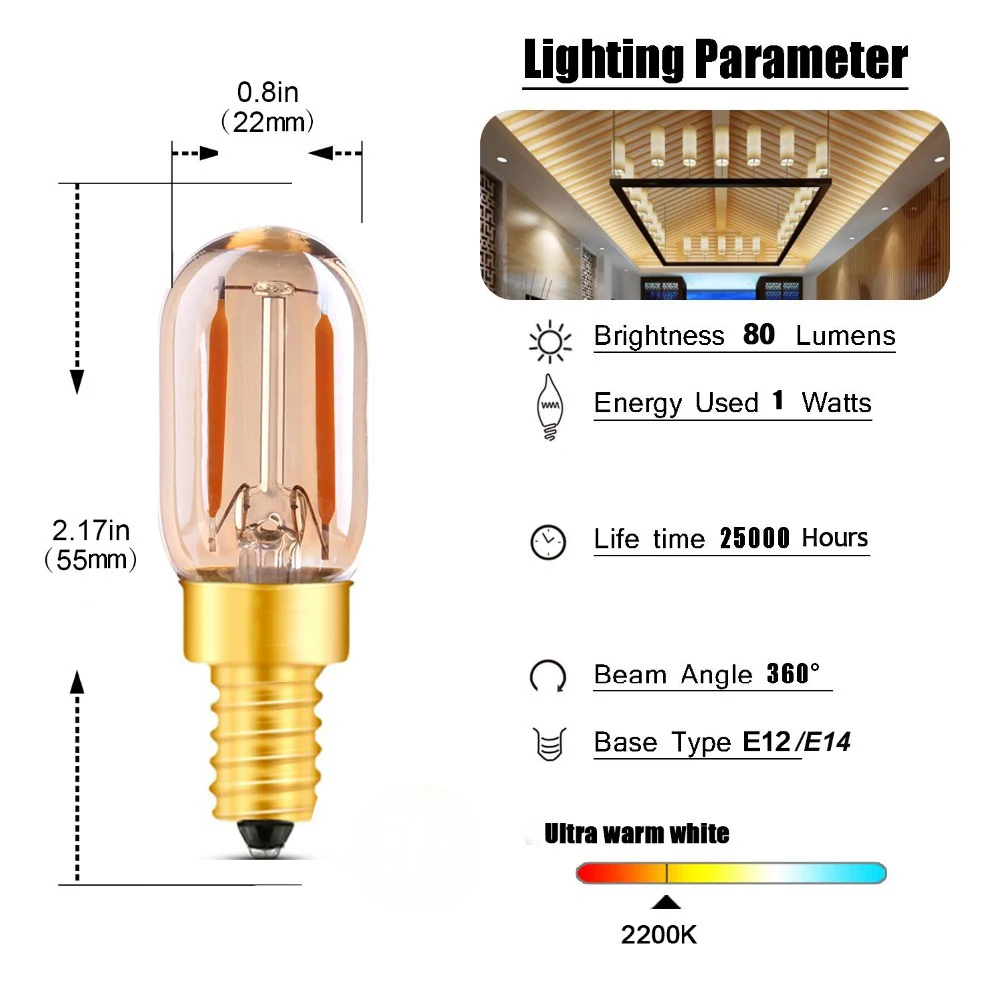 Imagem -04 - Lâmpada de Filamento Edison. 10x T22 Led Dimerizável Vidro Âmbar Tubular 2w Ultra 2200k E12 E14 110240v Iluminação Decorativa.