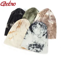 Geebro Casual Cotton Ribbed Tie Dye Beanies Hats And Caps For Women Men Autumn Winter slouch Hats Ladies Plain Skullies Gorras