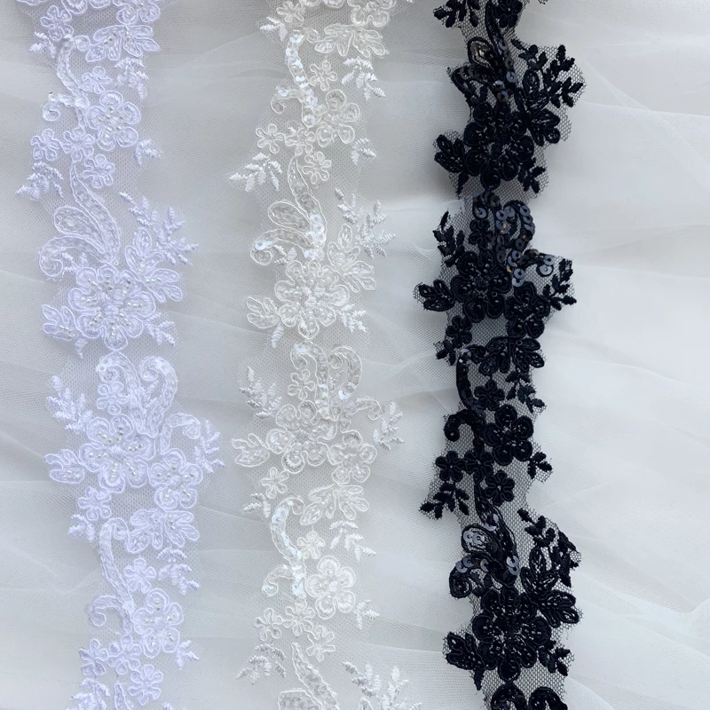 5 Yards/lot beading lace trim Ivory lace 5CM narrow lace trimming Pure white lace, Black lace with beads sequins