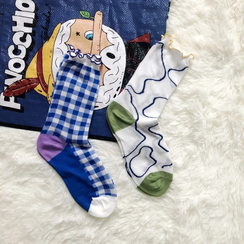 Japanese Harajuku Women's Frilly Socks Plaid Clouds Pattern Preppy Style Cute Socks Mesh Cotton Breathable Women Crew Socks